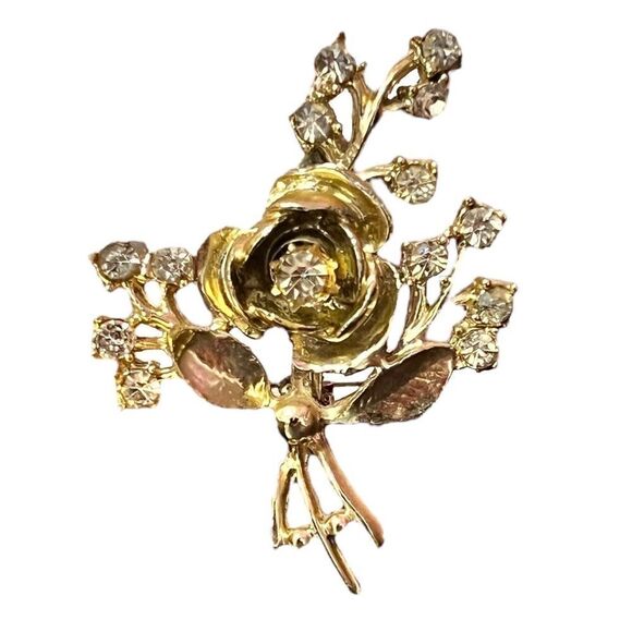Vintage Rose Rhinestone Gold Tone Brooch - Picture 1 of 2